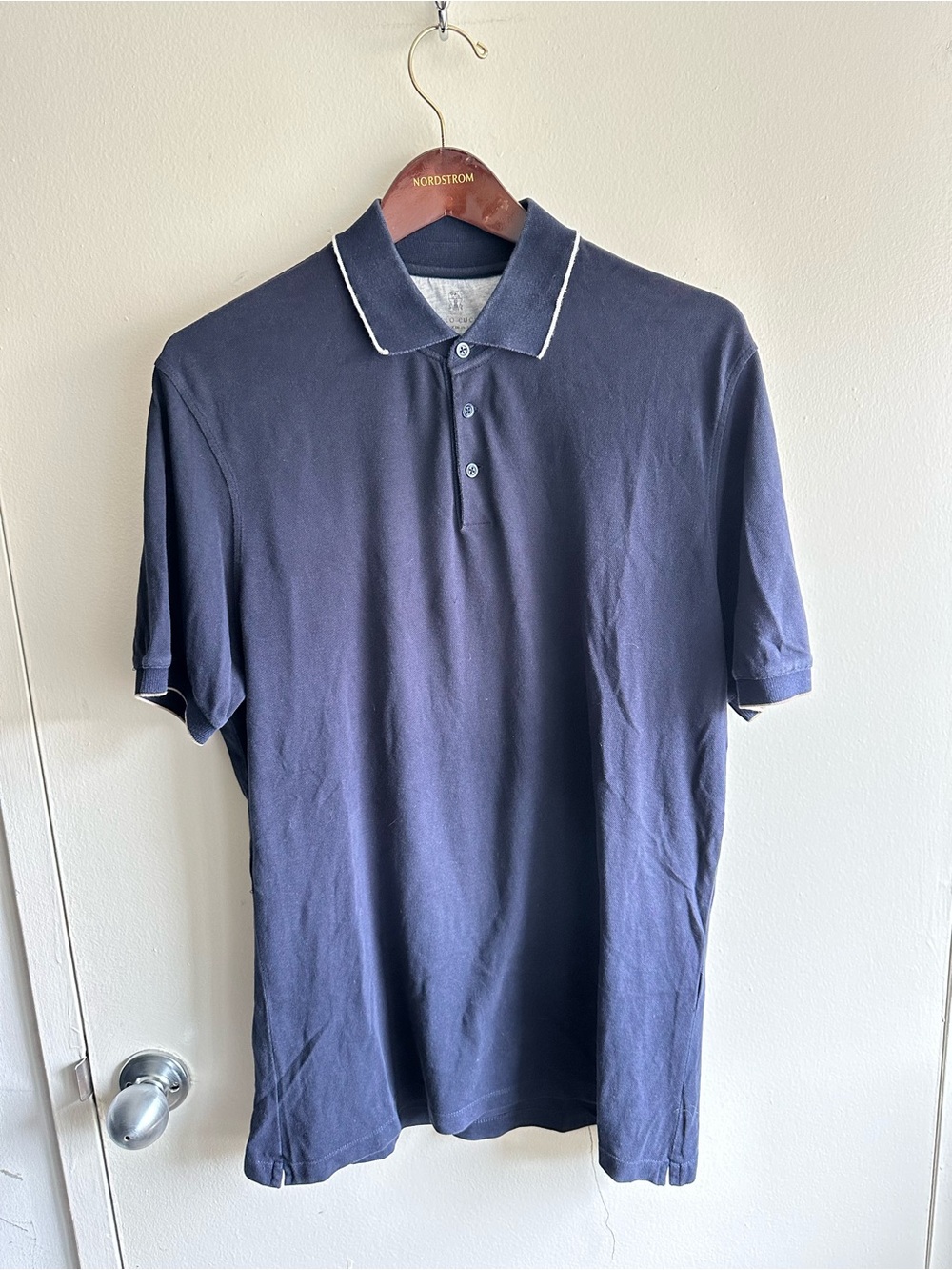 Brunello Cucinelli Navy Slim Fit Polo White Contrast Trim US XXL